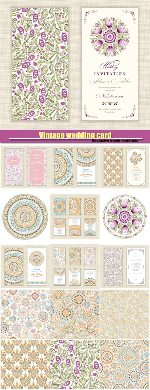 Vintage wedding card, vector backgrounds with patterns