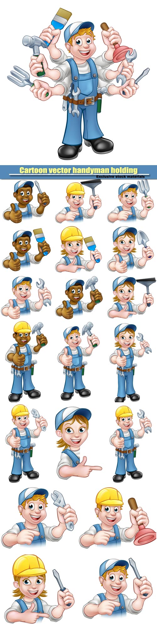 Cartoon vector handyman holding lots of tools