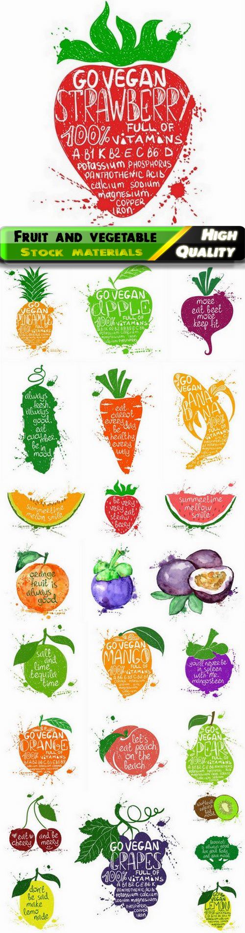 Grunge fruit and vegetable illustration healthy food 25 Eps