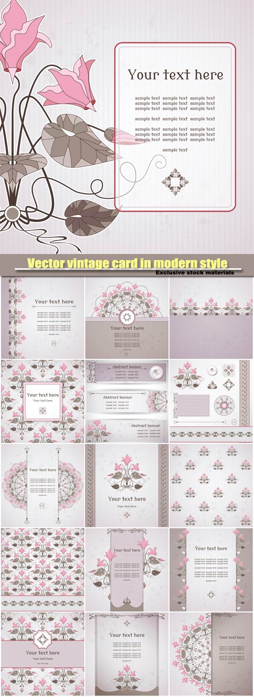 Vector vintage card in modern style, decorative element of cyclamen plants