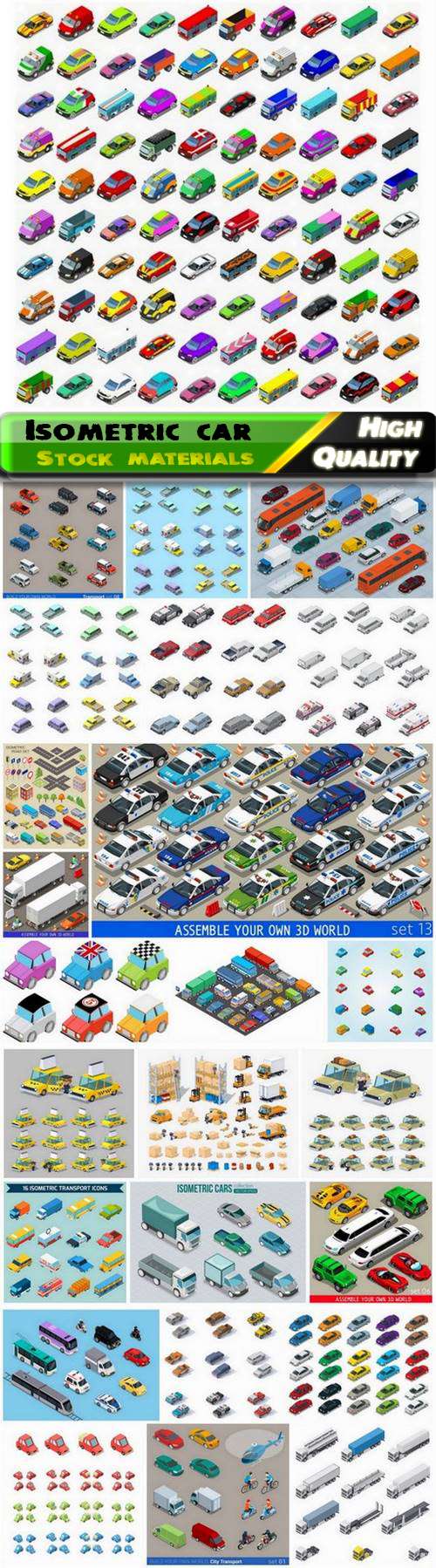 Isometric cartoon car tanker truck and other city vehicles 25 Eps