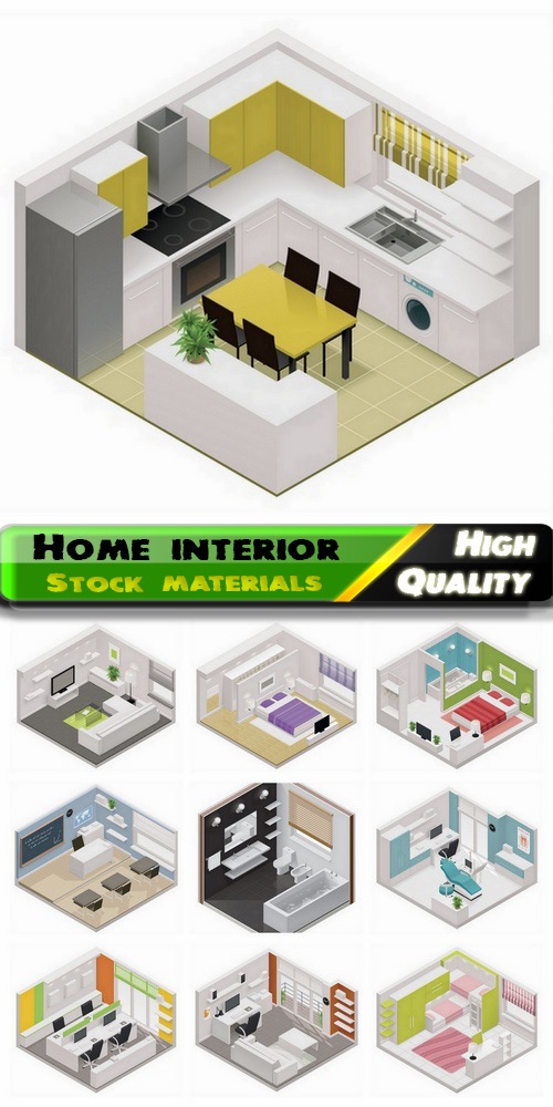 Flat isometric kitchen icon and home interior decoration 10 Eps