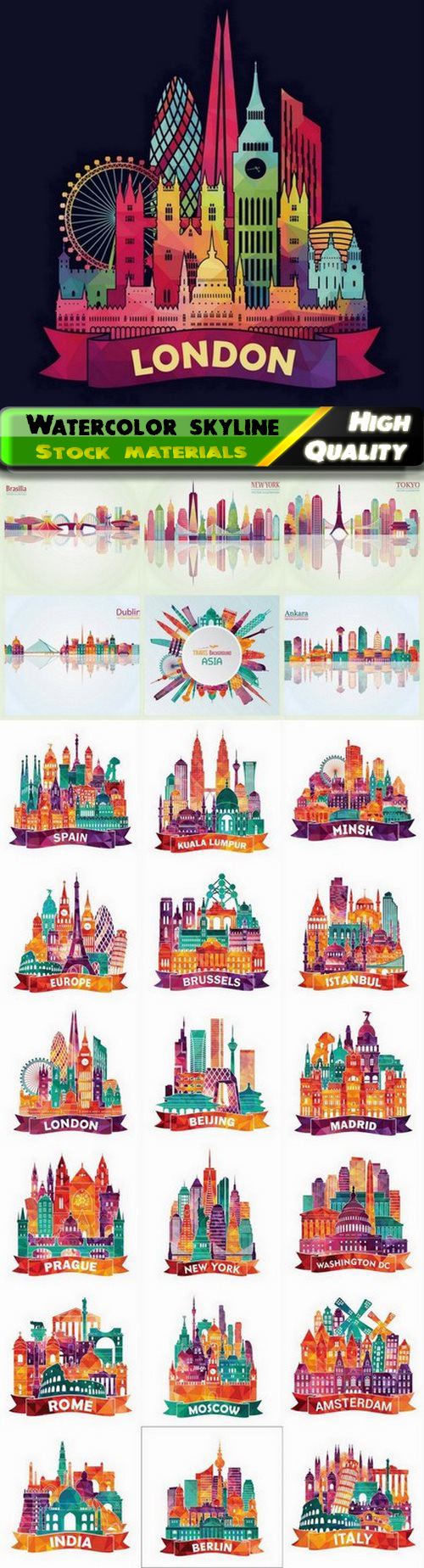 Watercolor city skyline architecture and landmark travel concept 25 Eps