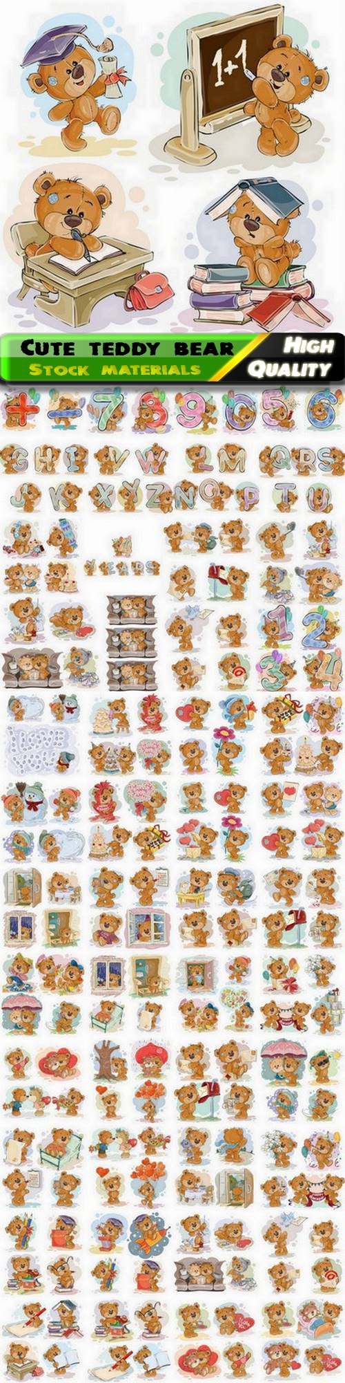 Cute teddy bear soft toy illustration with letters and numbers 50 Eps