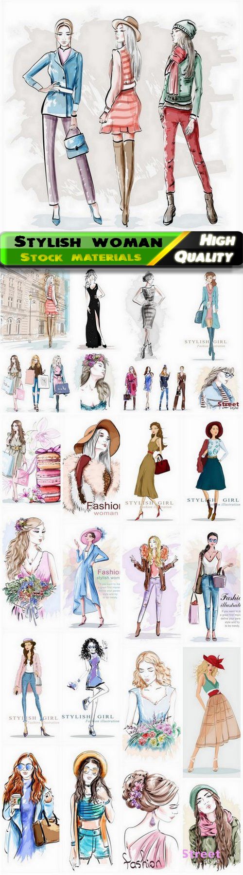 Watercolor fashion sketch of stylish woman and girl 25 Eps