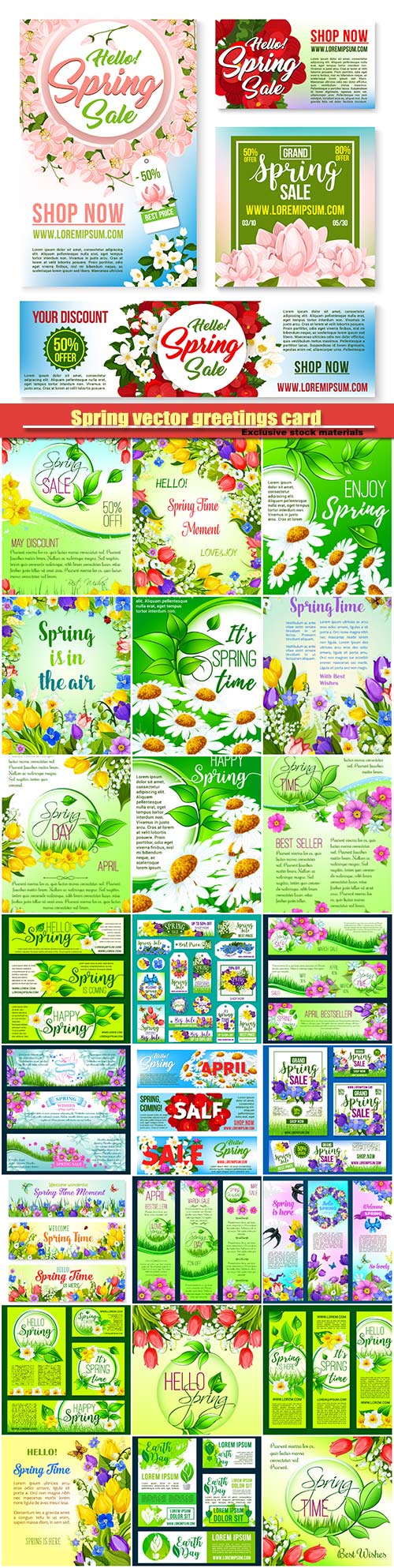 Spring vector greetings card, flowers bouquet of tulips, crocuses and blooming lily of valley blossoms on field