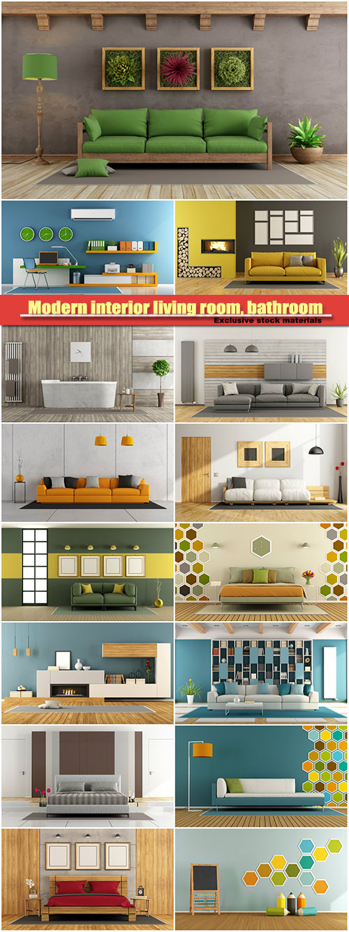 Modern interior living room, bathroom, minimalist home office