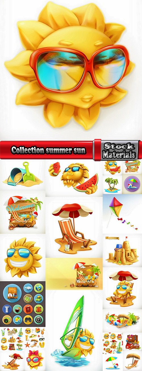 Collection summer sun beach sand sea vacation travel vacation flyer banner sticker 25 EPS