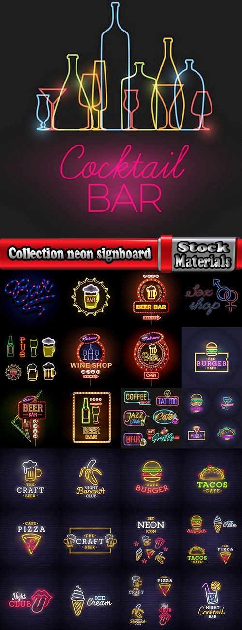 Collection neon signboard bar restaurant store advertising signpost 25 EPS