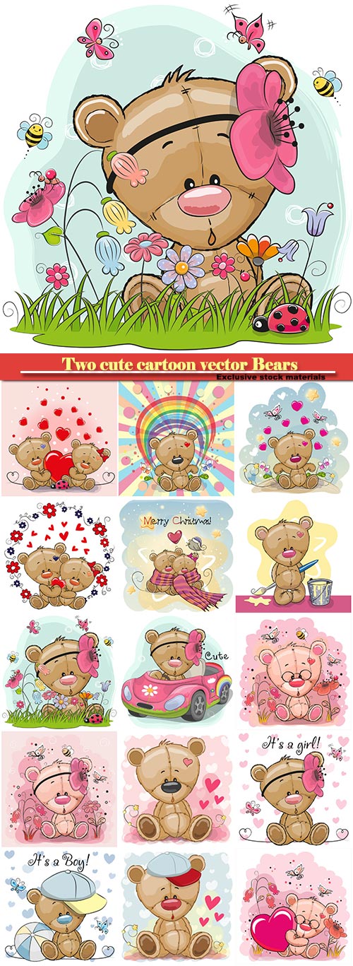 Two cute cartoon vector Bears on a flowers background