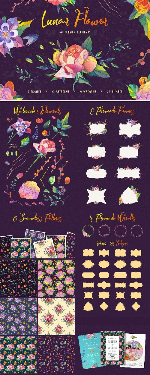 Lunar Flower Watercolor Graphic Kit 1369376