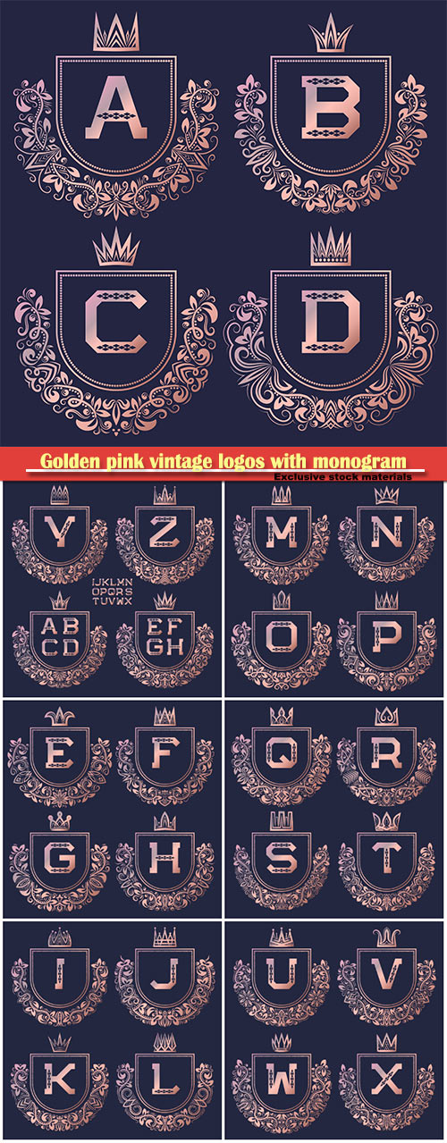 Golden pink vintage logos with  monogram, gold coat of arms set in baroque style