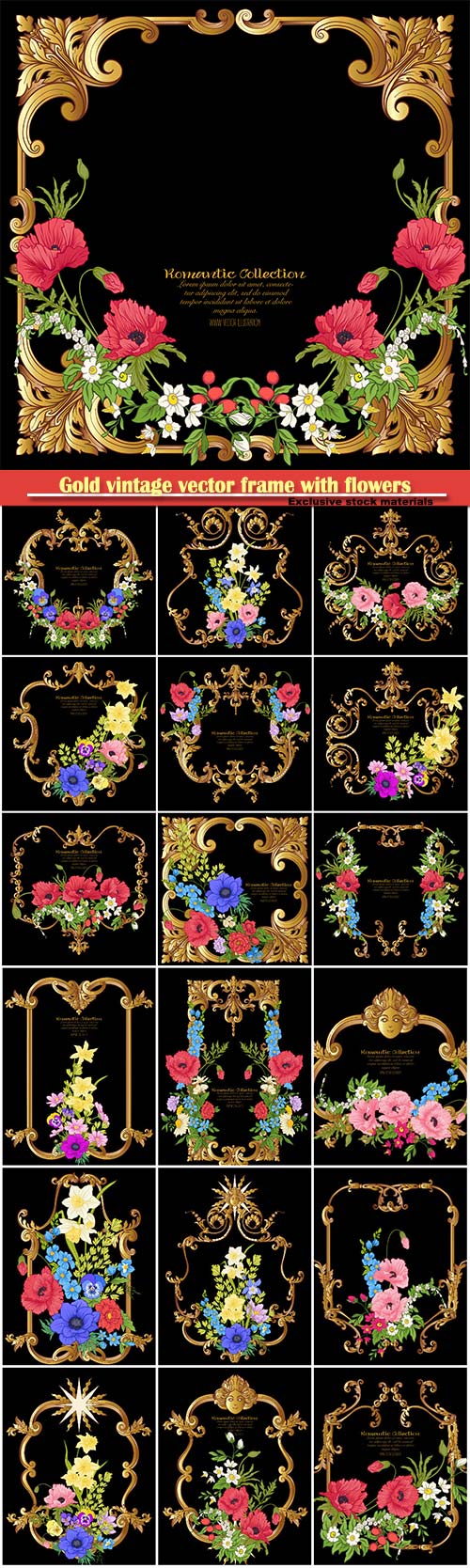 Gold vintage vector frame with flowers, poppy, daffodil, anemone