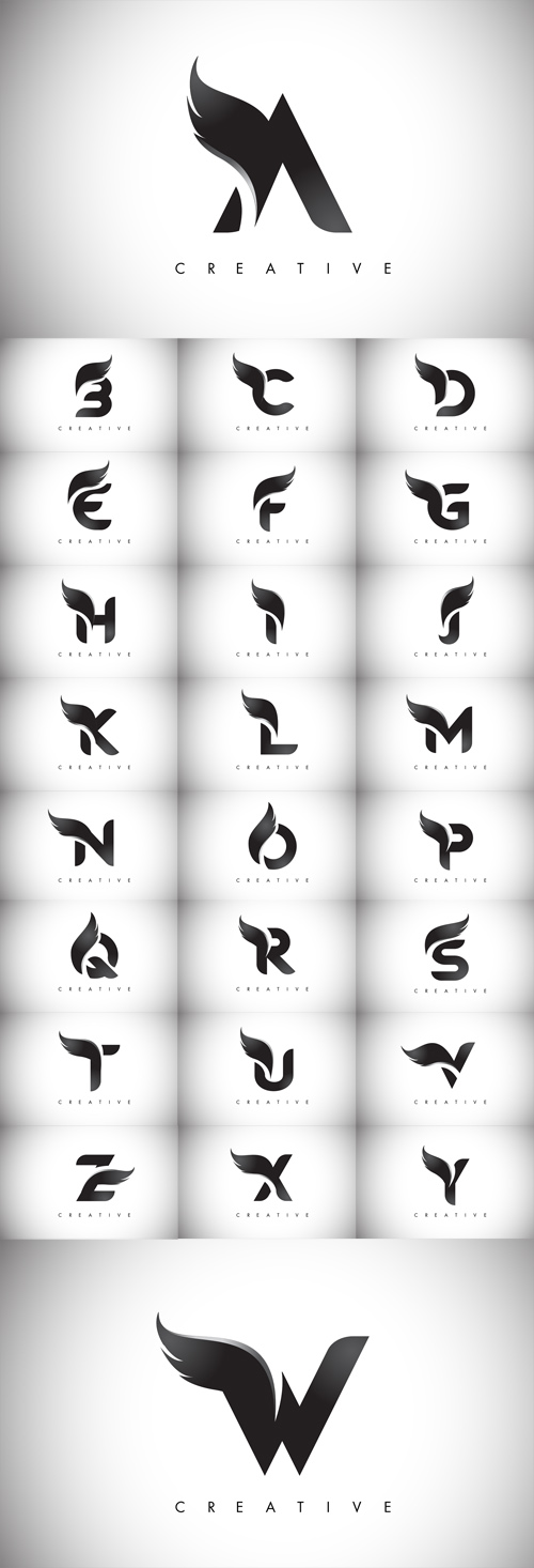 Vector Set - Letter Wings Logos Design with Black Bird Fly Wing Icon