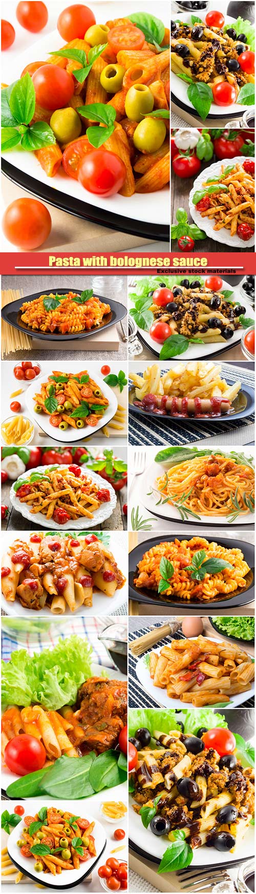 Pasta with bolognese sauce, beef meat, olives and cherry
