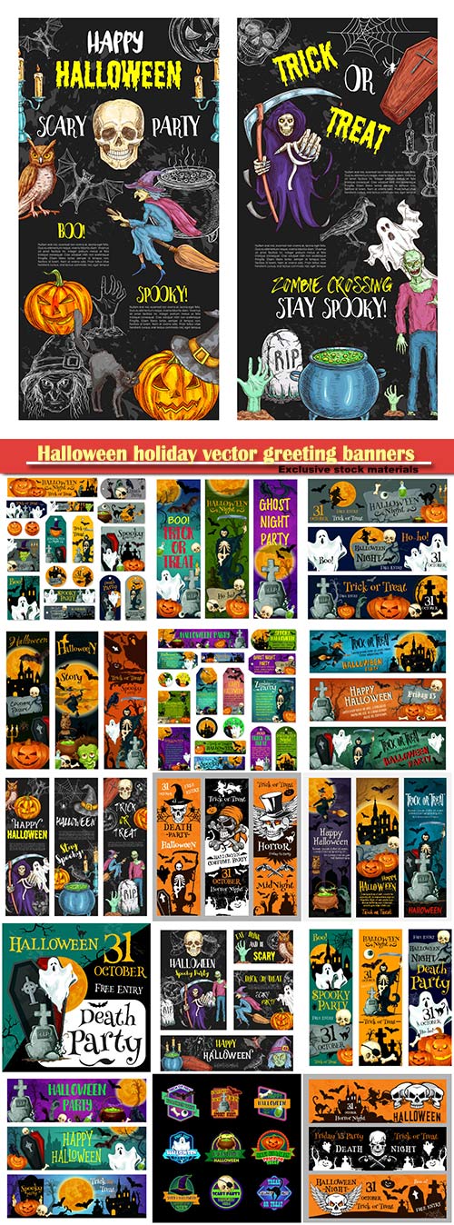 Halloween holiday vector greeting banners of pumpkin lantern and spooky ghost, zombie skull, witch or black cat