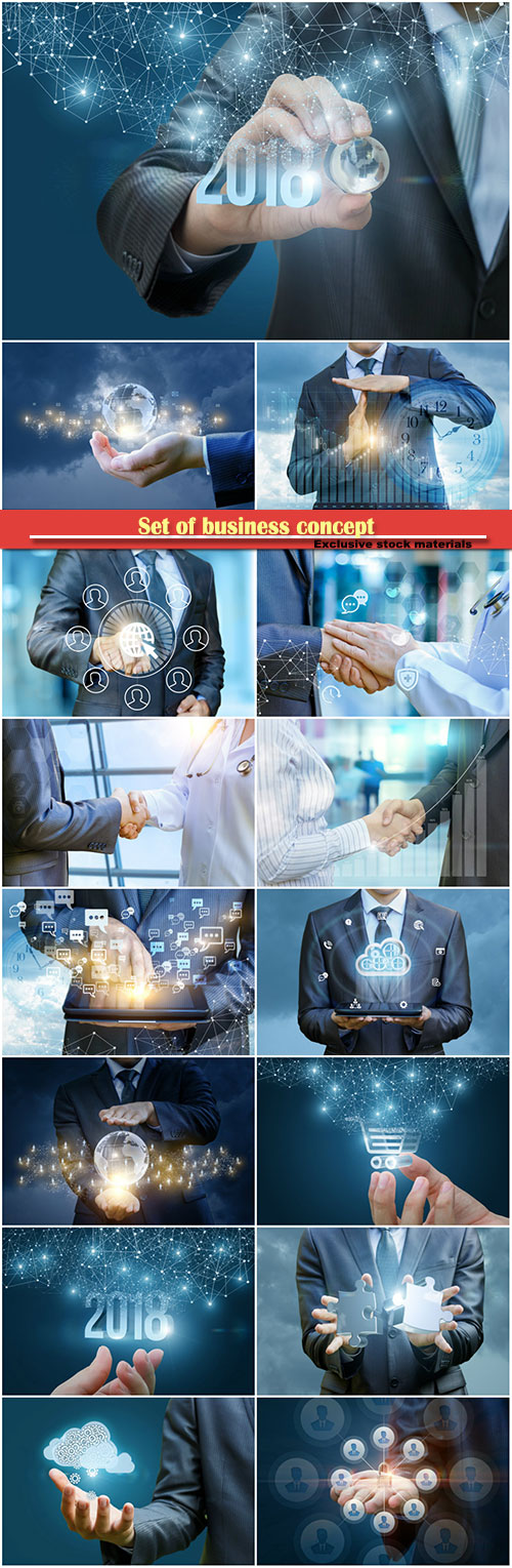 Set of business concept, handshake on the background of profit growth, hand with holding a globe on a background 2018, network users, businessman chatting on tablet