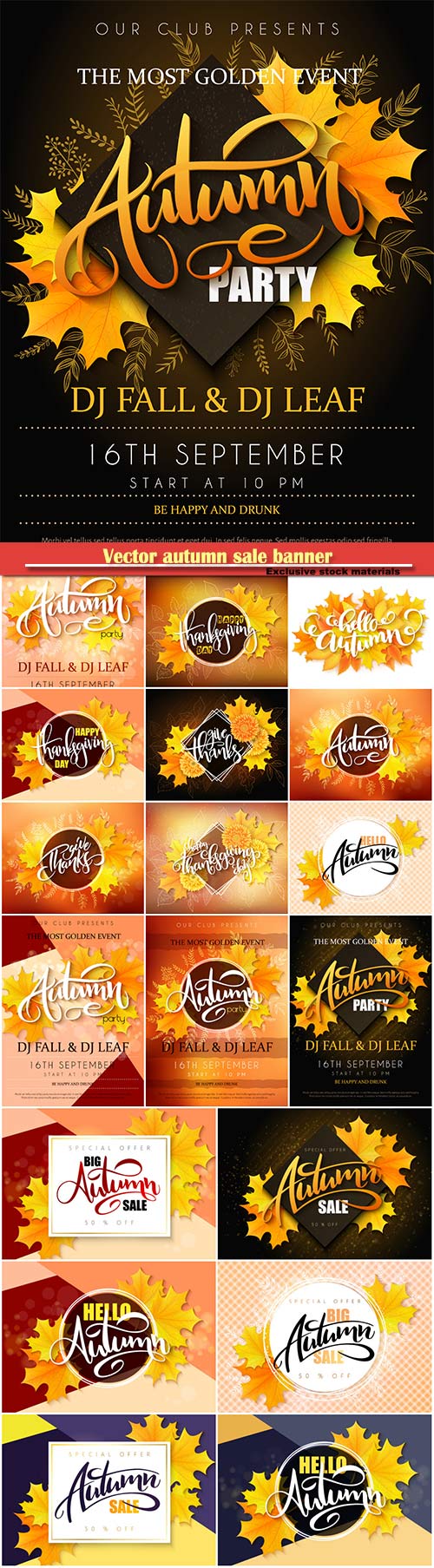 Vector autumn sale banner with hand lettering and yellow autumn maple leave ...