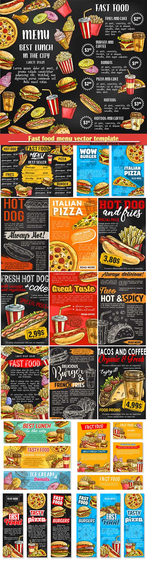 Fast food menu vector template, cheeseburger, burger, hotdog, sandwich, sna ...
