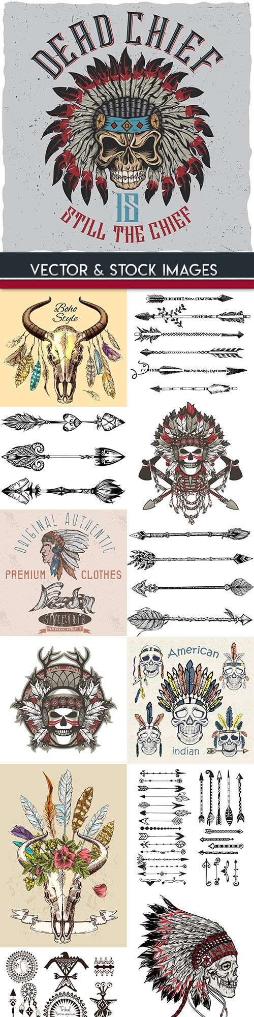 Indian skull and arrows hand drawn illustration