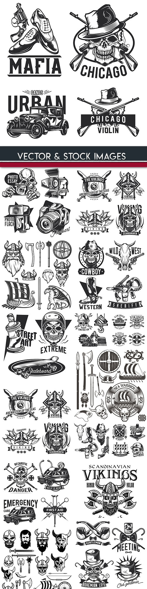 Skull and Viking grunge labet drawn emblem design