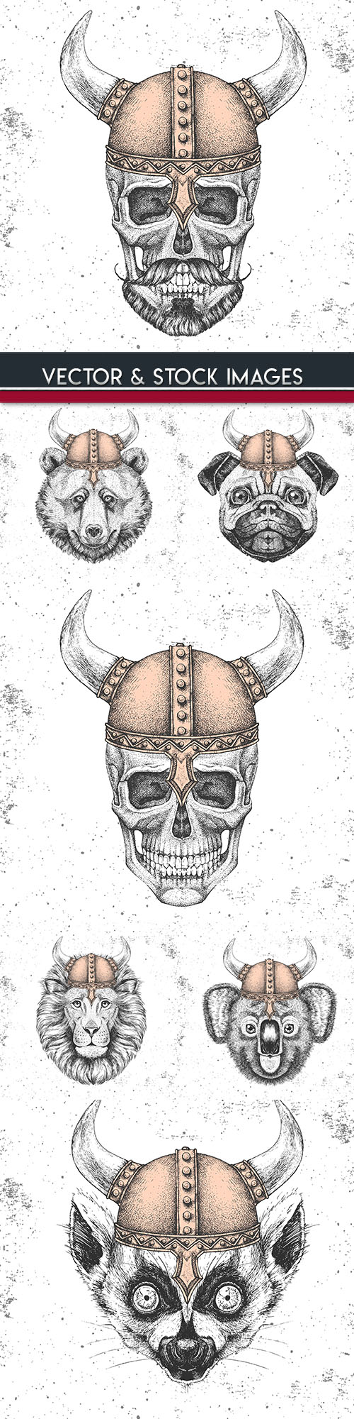 Head animal and skull in Viking grunge helmet drawing